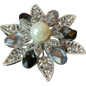 Vintage Crystal Flower Brooch Faux Pearl Center Rhinestones